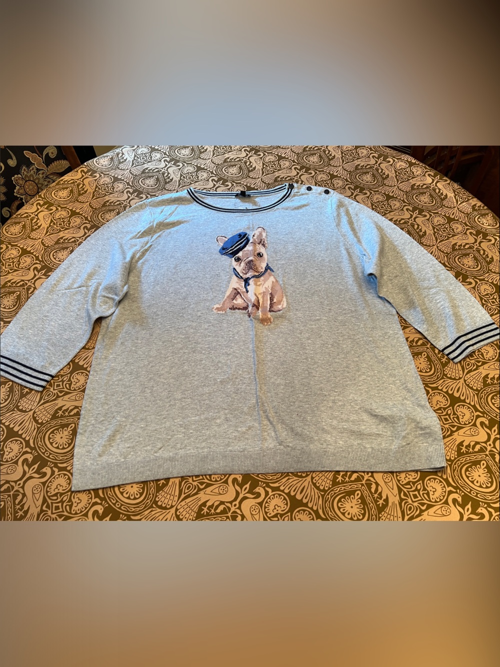 Talbots 3/4 Sleeve Women’s Lightweight Heather Grey Sweater with Frenchie Design